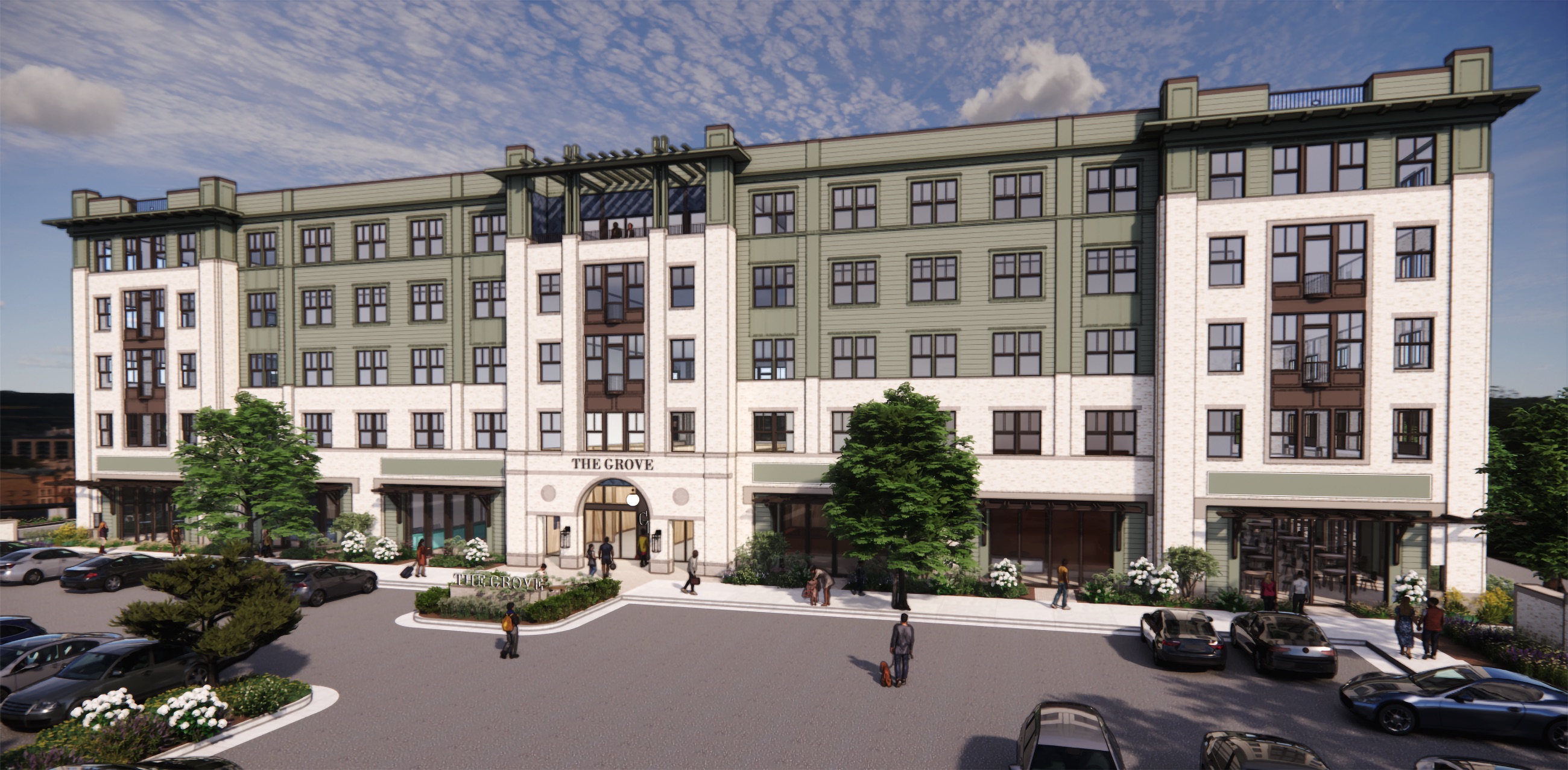 Rendering of The Grove on Market mixed-use complex with ground-floor retail and apartments above